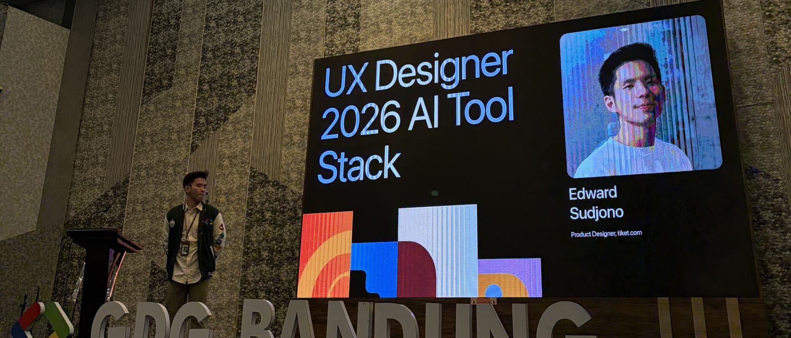Edward presenting UX Designer 2026 AI Tool Stack at GDG Bandung