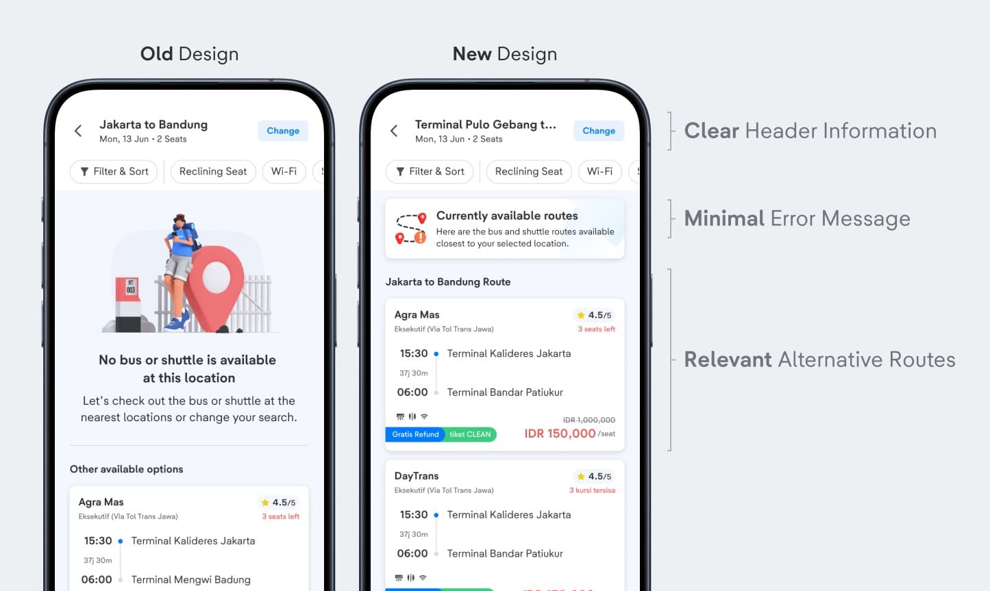 Old Design versus New Design with annotated improvements